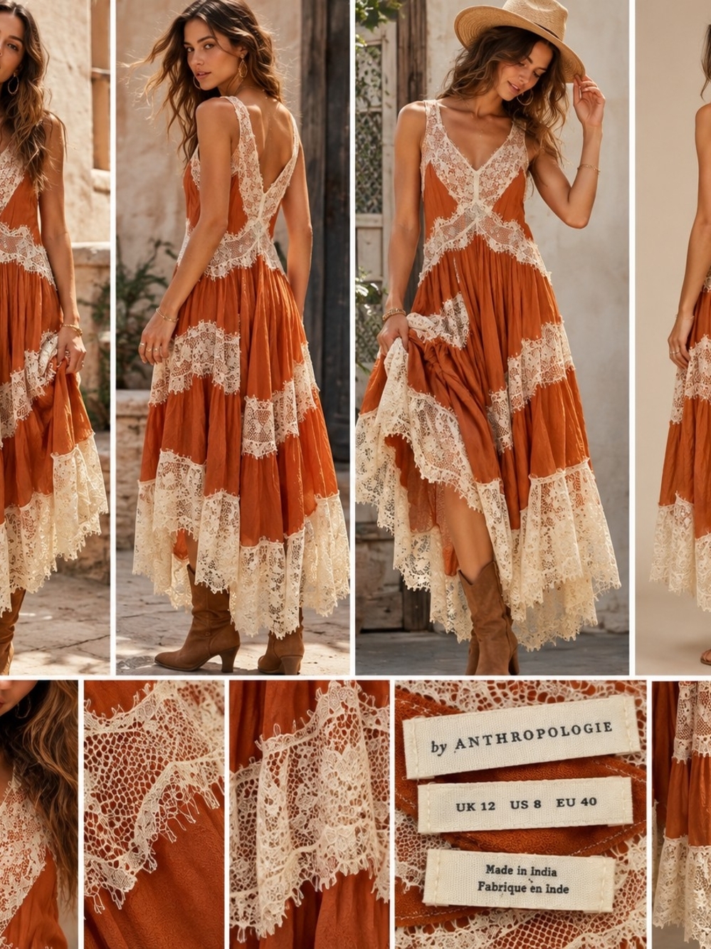 Anthropologie Rust with Cream Lace Tiered Slip Dress